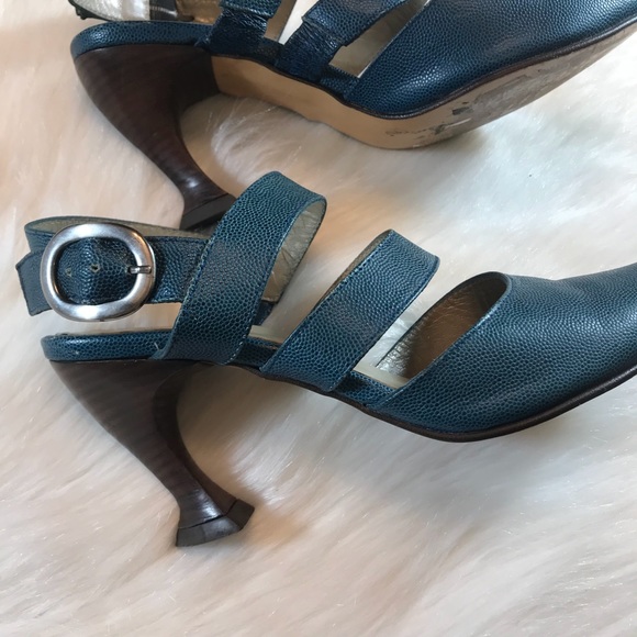 John Fluevog Teal Embossed Pointed Cutout Heels - Picture 3 of 8